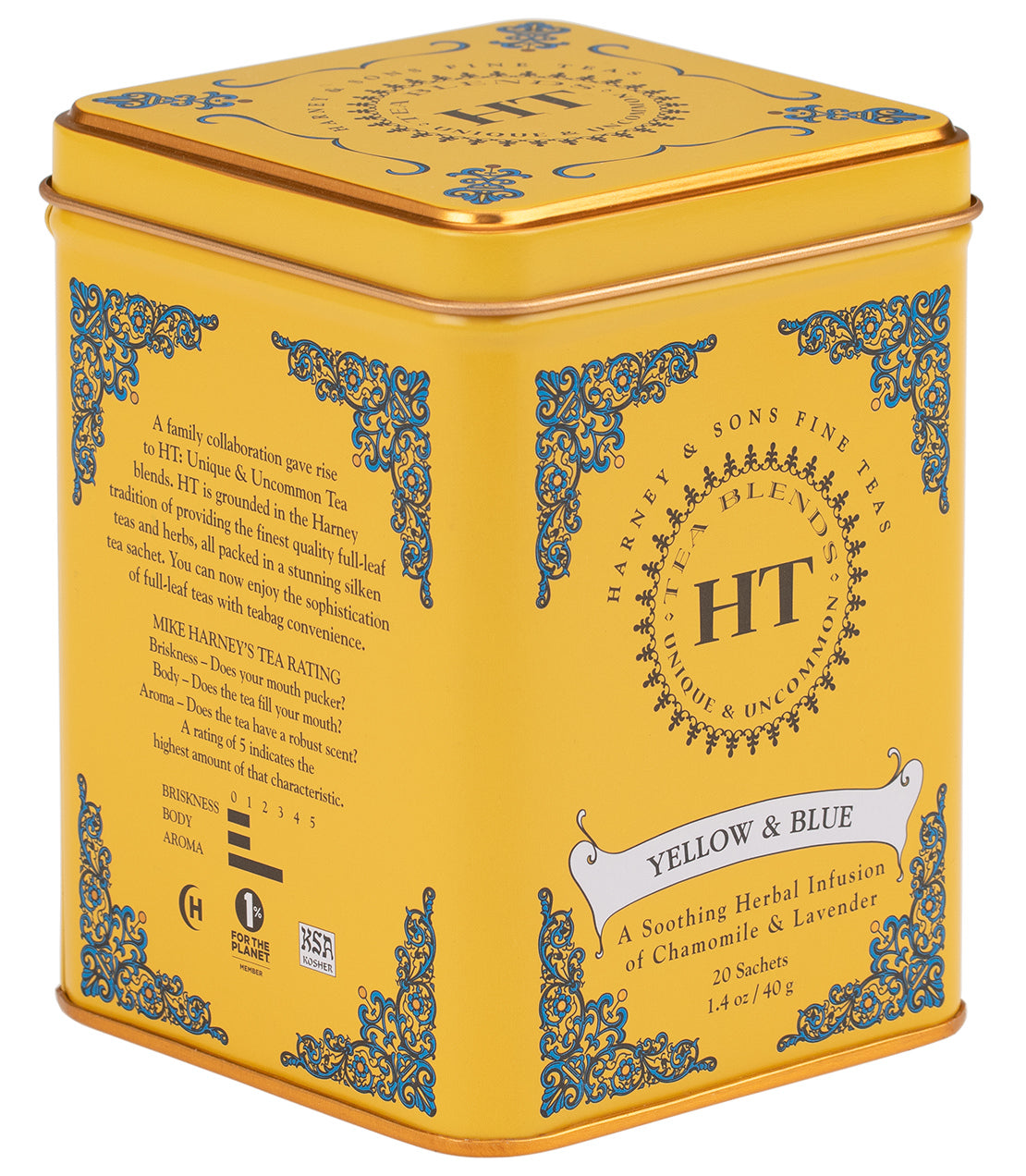 Yellow & Blue tea tin featuring chamomile and lavender, designed by Harney & Sons, with 20 sachets inside.