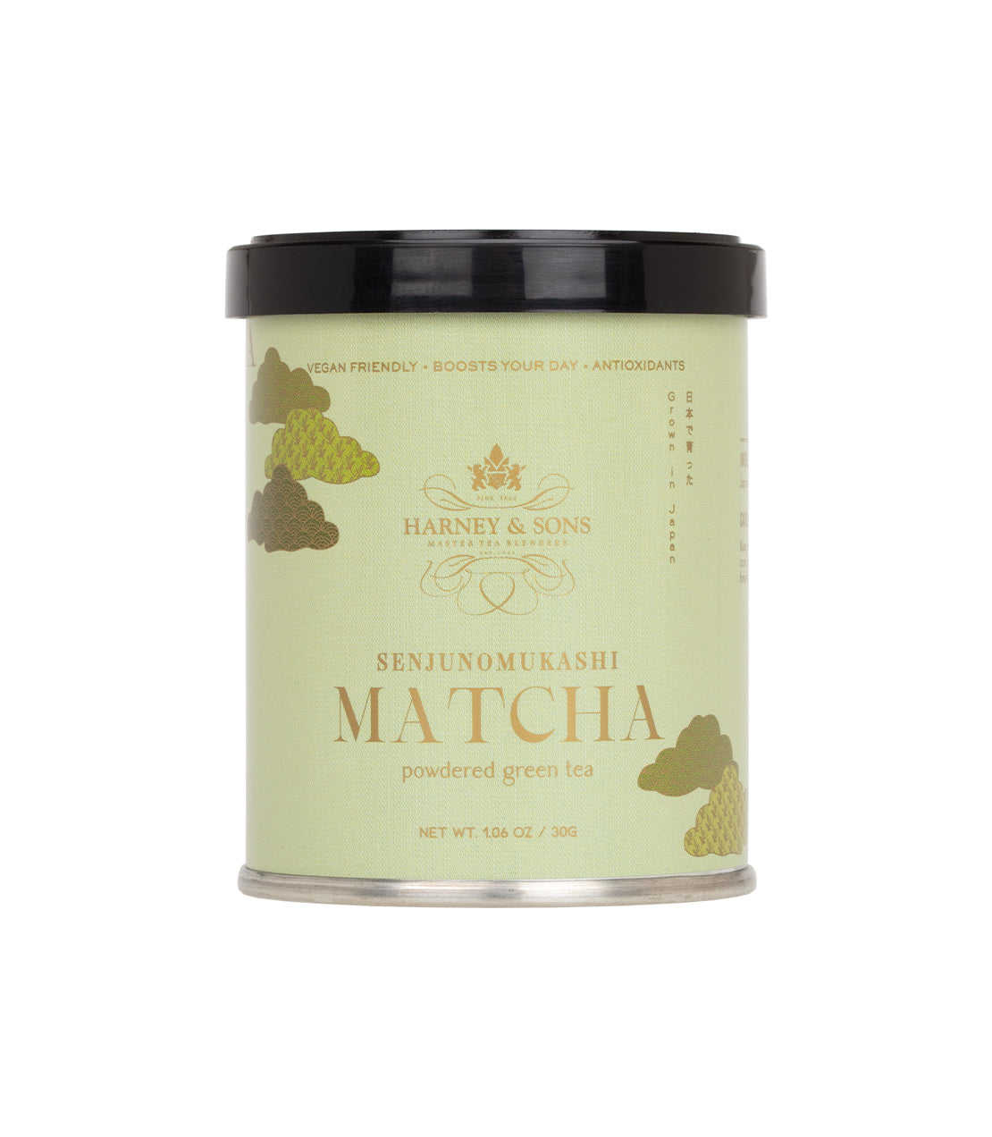 "Harney & Sons Senjunomukashi Matcha powder canister, 30g, featuring green tea design and antioxidant benefits.