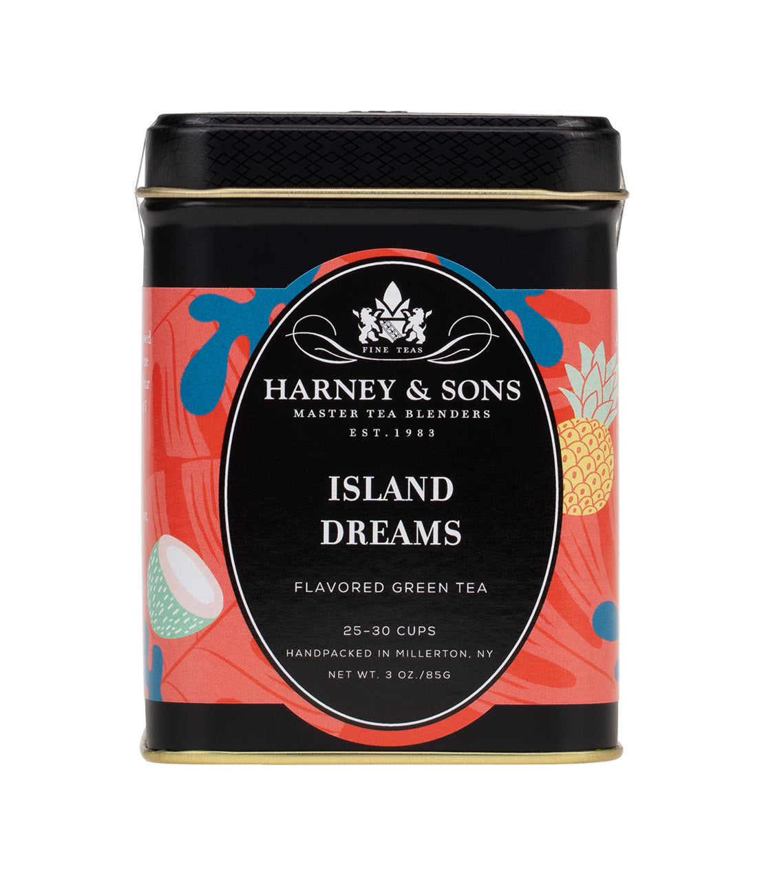 Harney & Sons Island Dreams flavored green tea tin, featuring vibrant tropical design, 3 oz, 25-30 cups.