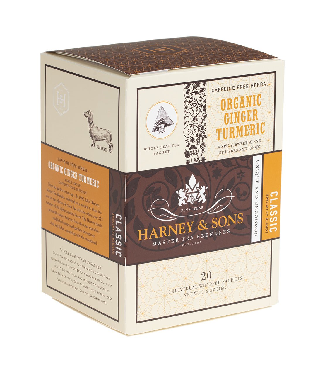 Box of Harney & Sons Organic Ginger Turmeric tea, featuring 20 individual sachets for a caffeine-free herbal blend.