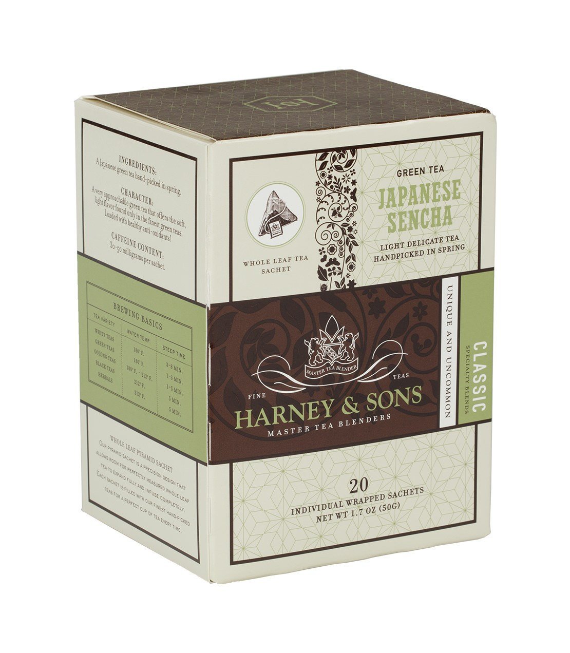 Box of Harney & Sons Japanese Sencha green tea, featuring 20 individually wrapped tea sachets.