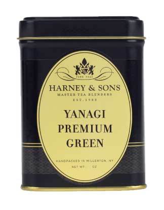 Black tin of Harney & Sons Yanagi Premium Green tea, featuring a gold label and elegant design.