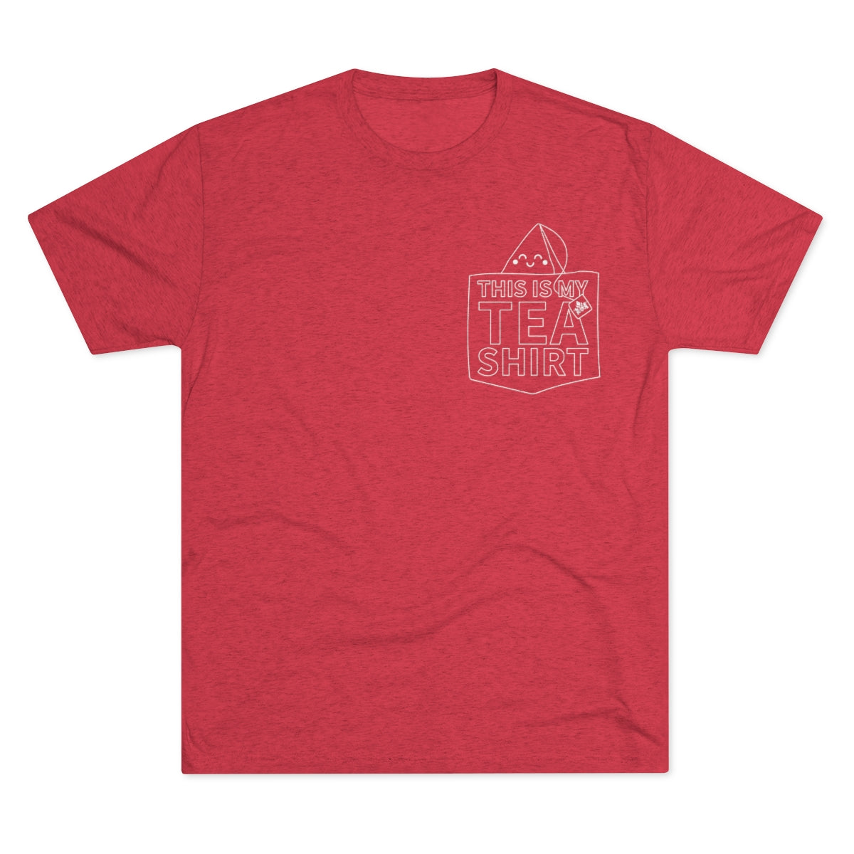 Red graphic tee featuring the phrase "This Is My Tea Shirt" with a playful tea bag design. Perfect for tea lovers.