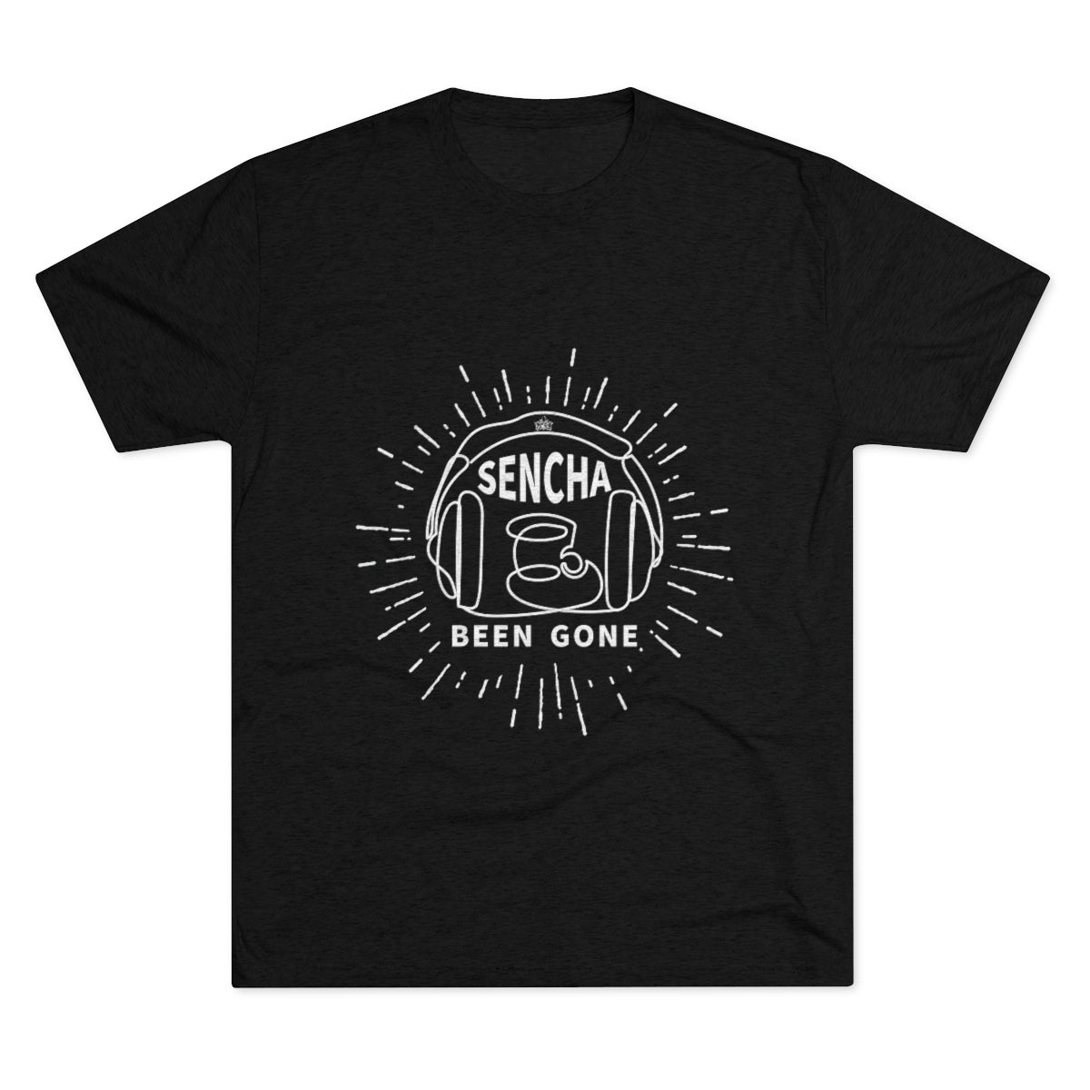 Black graphic tee featuring "Sencha Been Gone" text and a coffee cup design with sound waves. Perfect for tea lovers.